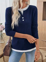 Ribbed Knit Long Sleeve Fake Two-Piece T-Shirt - Trendsi - Flyclothing LLC