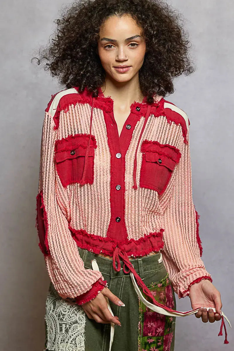 POL Texture Woven Button Down Hooded Shirt with Drawstring Hem - Trendsi - Flyclothing LLC
