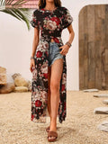 Slit Rose Printed Round Neck Short Sleeve Blouse - Trendsi