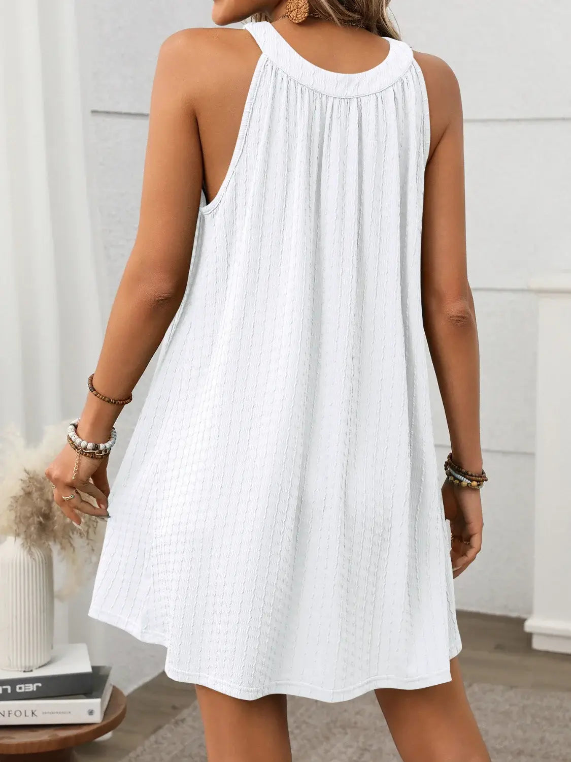 Textured Grecian Neck Mini Dress - Trendsi - Flyclothing LLC