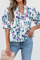 Floral Ricrac Trim Half Sleeve Peplum Top - Trendsi - Flyclothing LLC