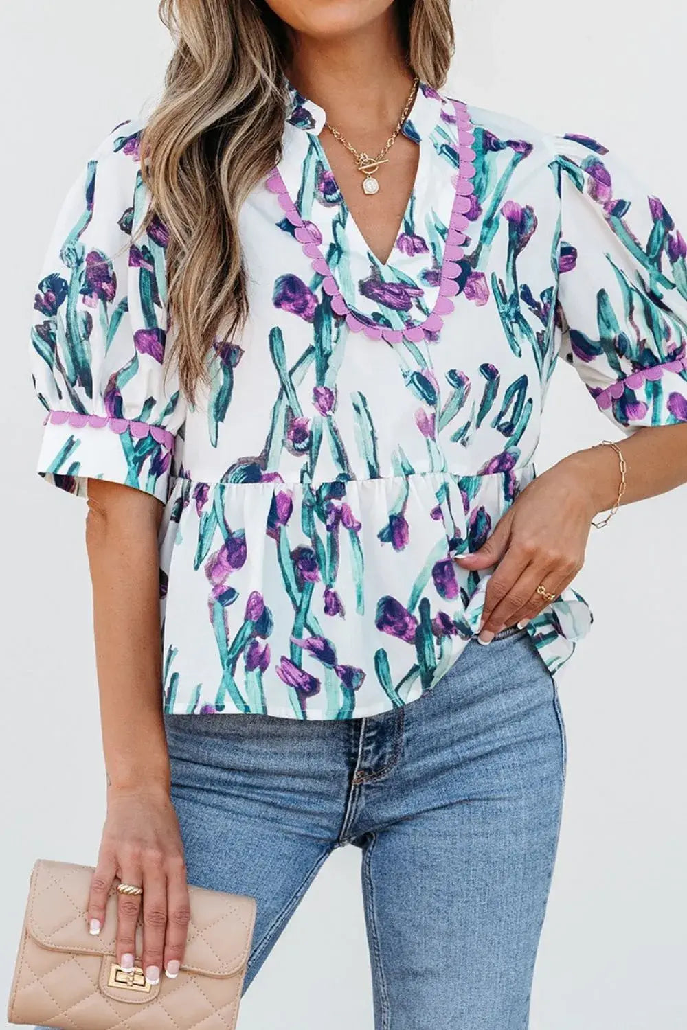 Floral Ricrac Trim Half Sleeve Peplum Top - Trendsi - Flyclothing LLC