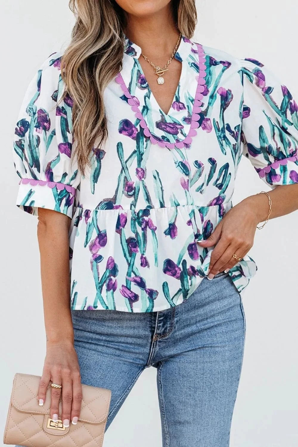 Floral Ricrac Trim Half Sleeve Peplum Top - Trendsi