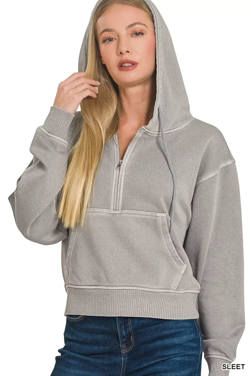Zenana Fleece Pigment Dye Half Zip Kangaroo Pocket Hoodie - Trendsi - Flyclothing LLC
