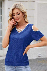 Sequin Cold Shoulder Short Sleeve Blouse - Trendsi - Flyclothing LLC