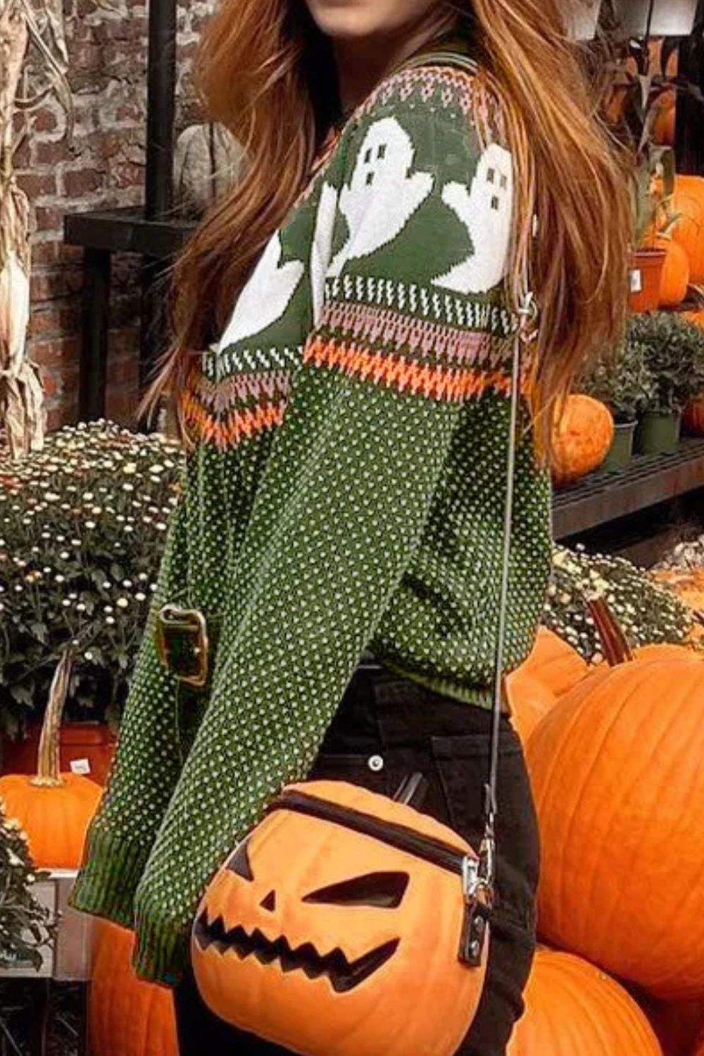 Ghost Round Neck Long Sleeve Sweater - Trendsi - Flyclothing LLC