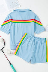 Rainbow Collared Short Sleeve Top and Shorts Set - Trendsi - Flyclothing LLC