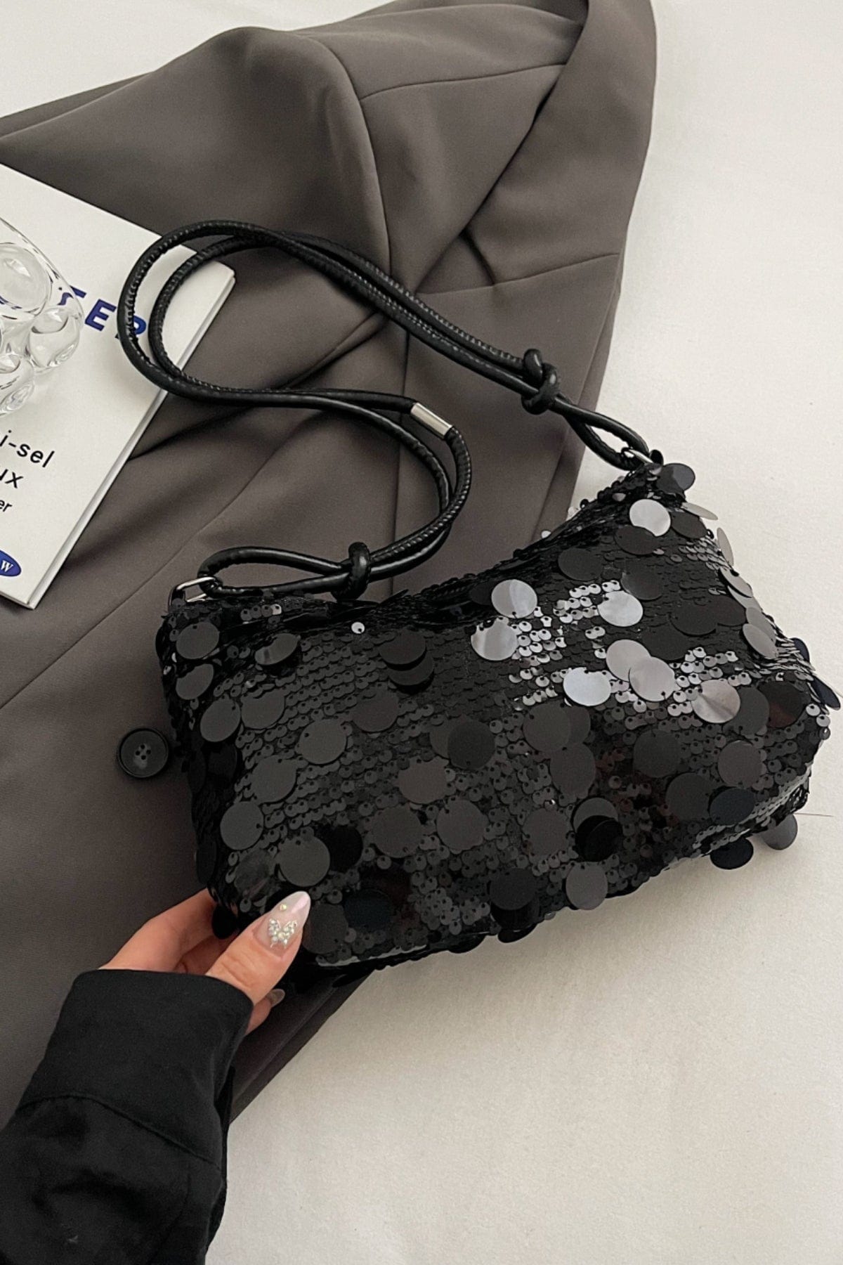 Sequin Knotted Straps Shoulder Bag - Trendsi