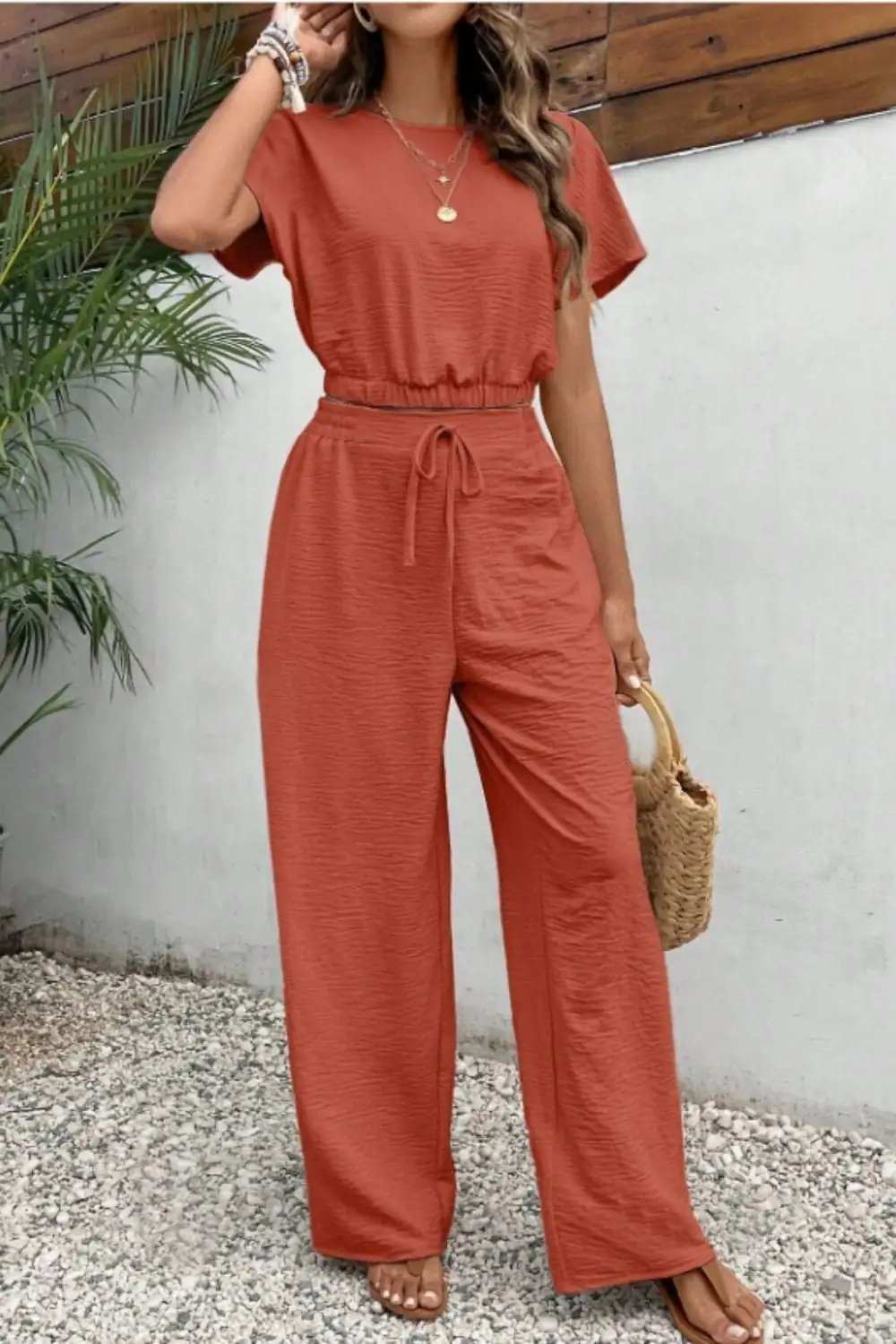 Round Neck Short Sleeve Top and Pants Set - Trendsi - Flyclothing LLC