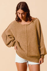 SO ME Loose Fit Exposed Seam Slouchy Boucle Sweater - Trendsi - Flyclothing LLC