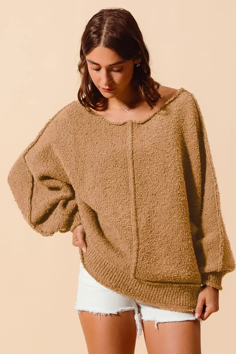 SO ME Loose Fit Exposed Seam Slouchy Boucle Sweater - Trendsi - Flyclothing LLC