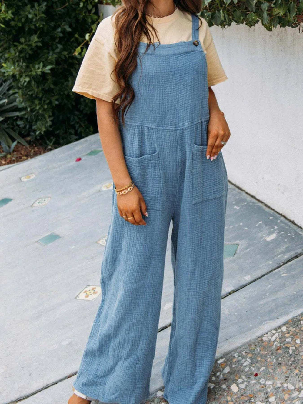Full Size Casual Wide Leg Textured Overalls Plus Size - Trendsi - Flyclothing LLC