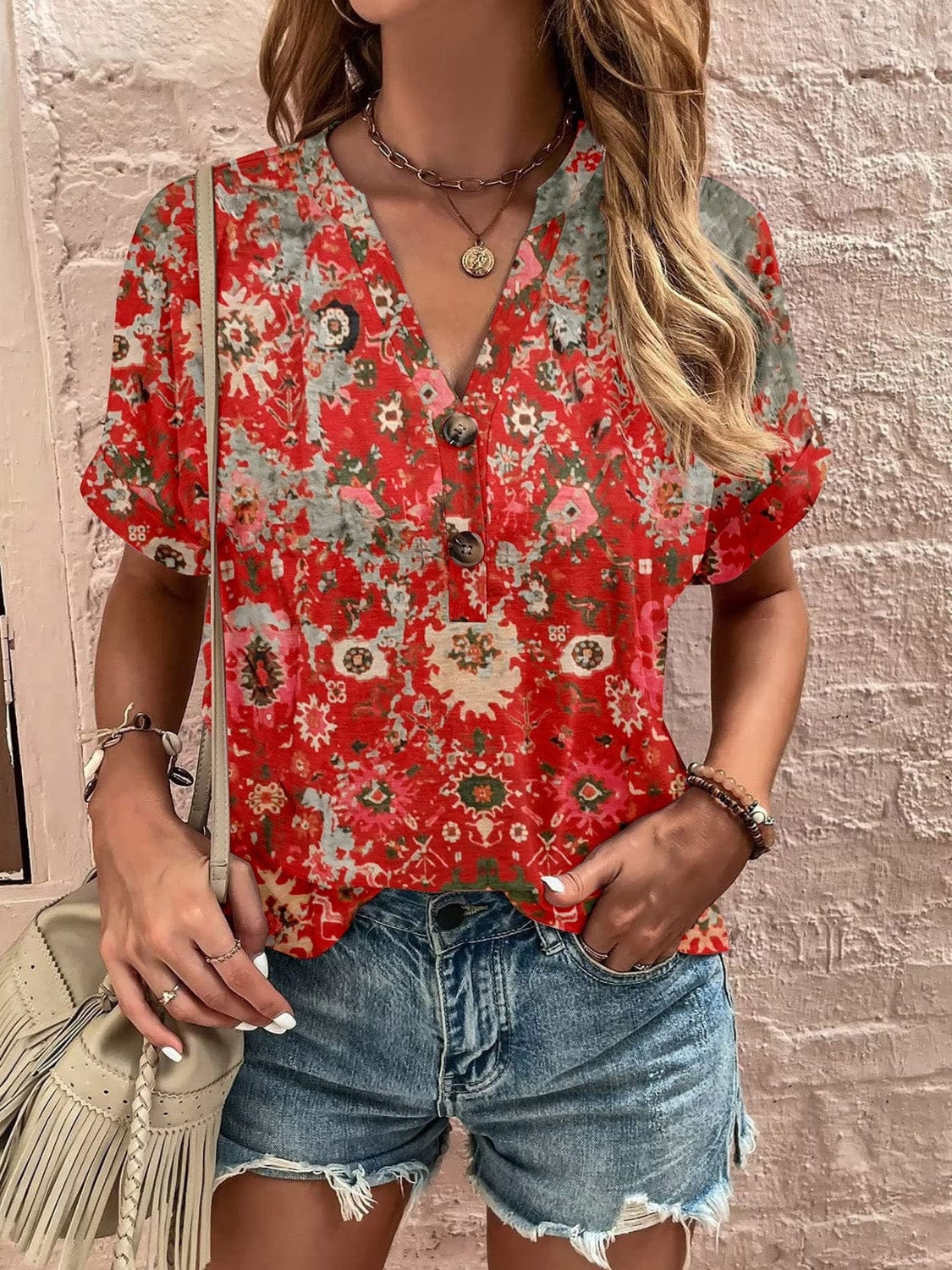 Full Size Printed Notched Short Sleeve Blouse - Trendsi