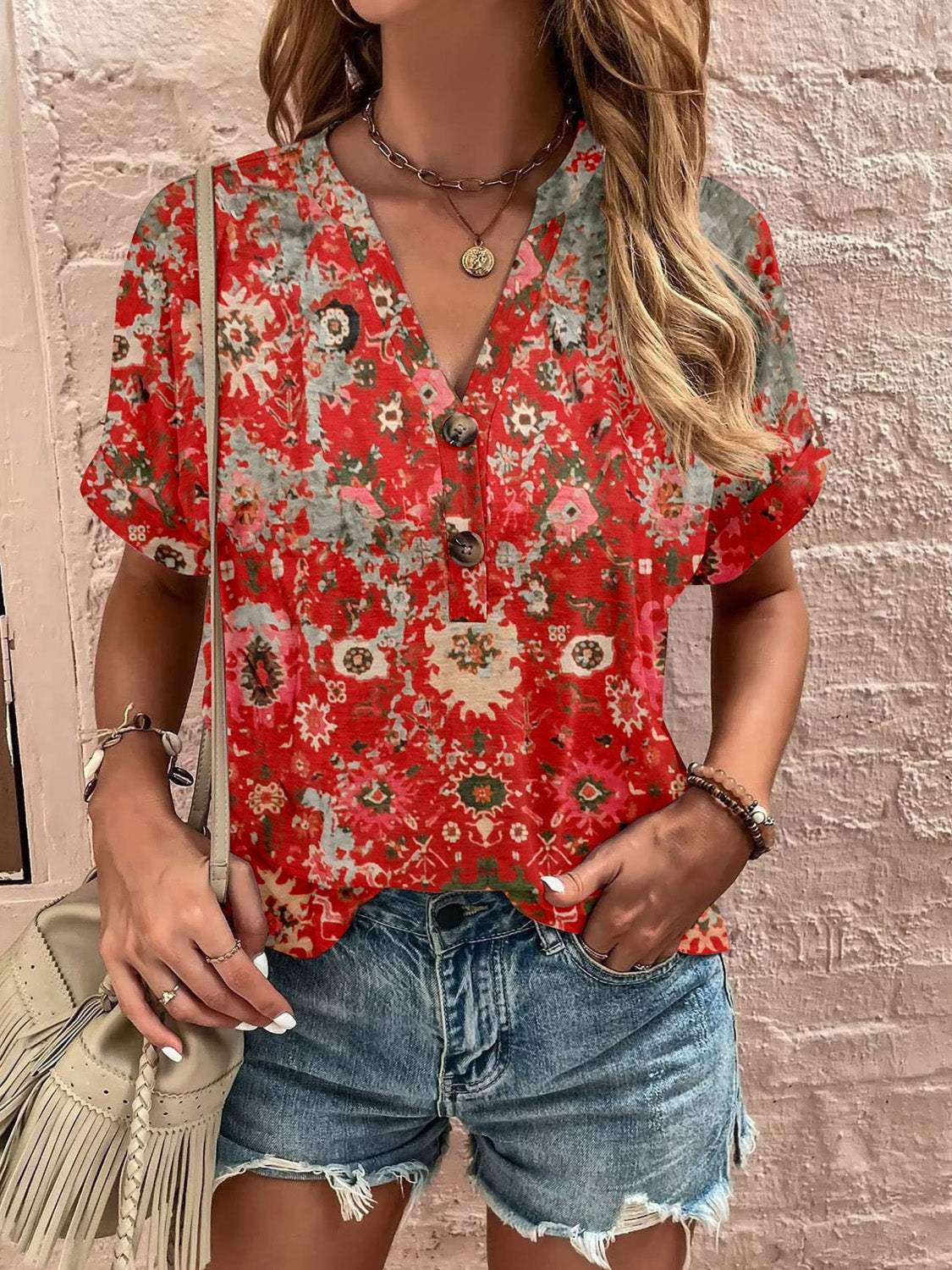 Full Size Printed Notched Short Sleeve Blouse - Trendsi - Flyclothing LLC