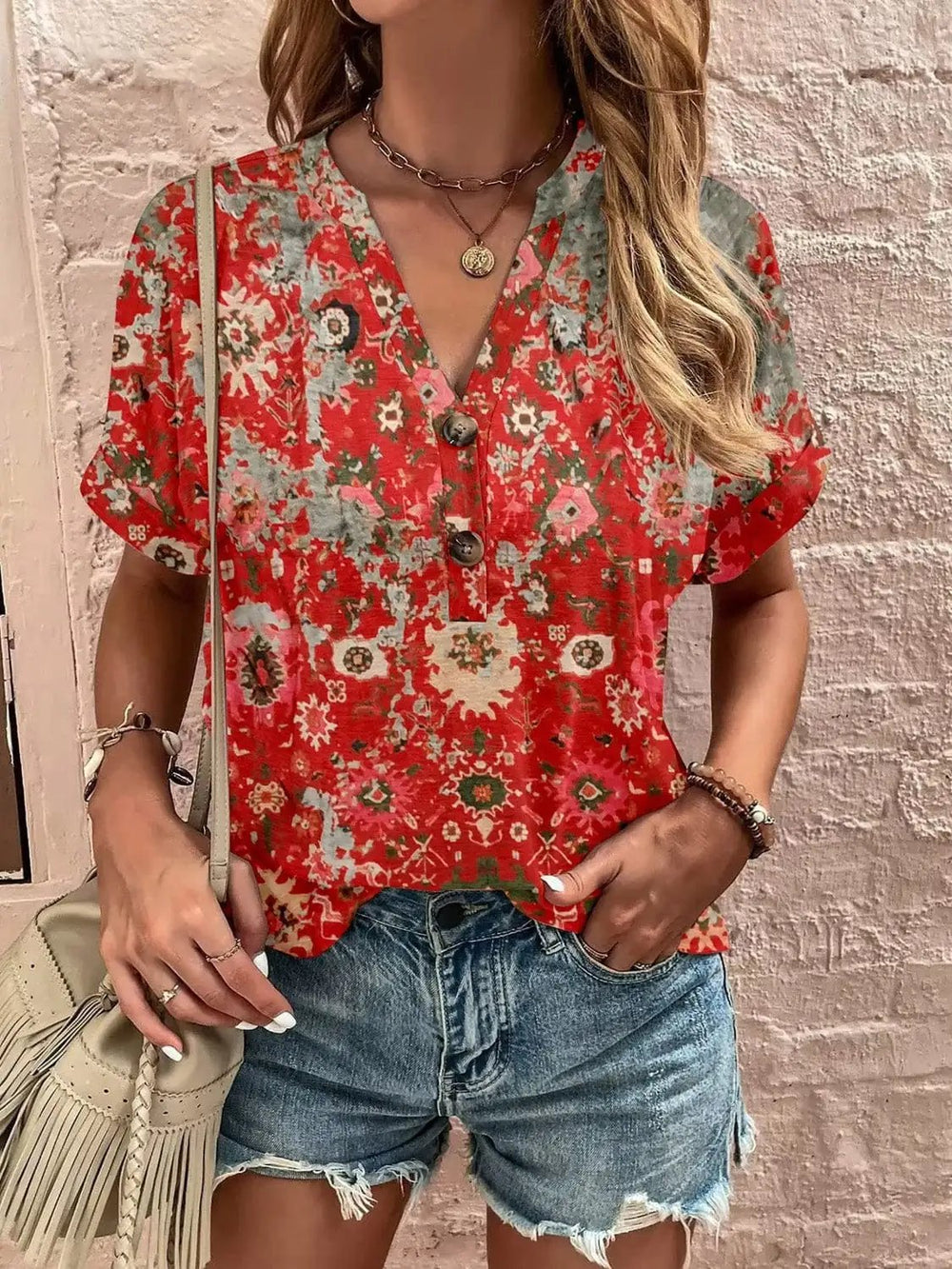 Full Size Printed Notched Short Sleeve Blouse - Trendsi