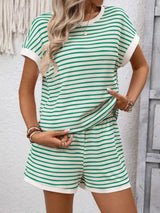 Striped Casual Round Neck Top and Shorts Set - Trendsi - Flyclothing LLC