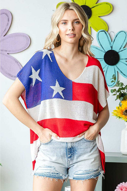 First Love Full Size USA Flag Drop Shoulder Knit Top - Trendsi - Flyclothing LLC