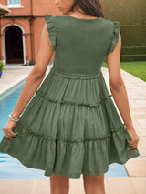 Frill Smocked V-Neck Tiered Dress - Trendsi - Flyclothing LLC