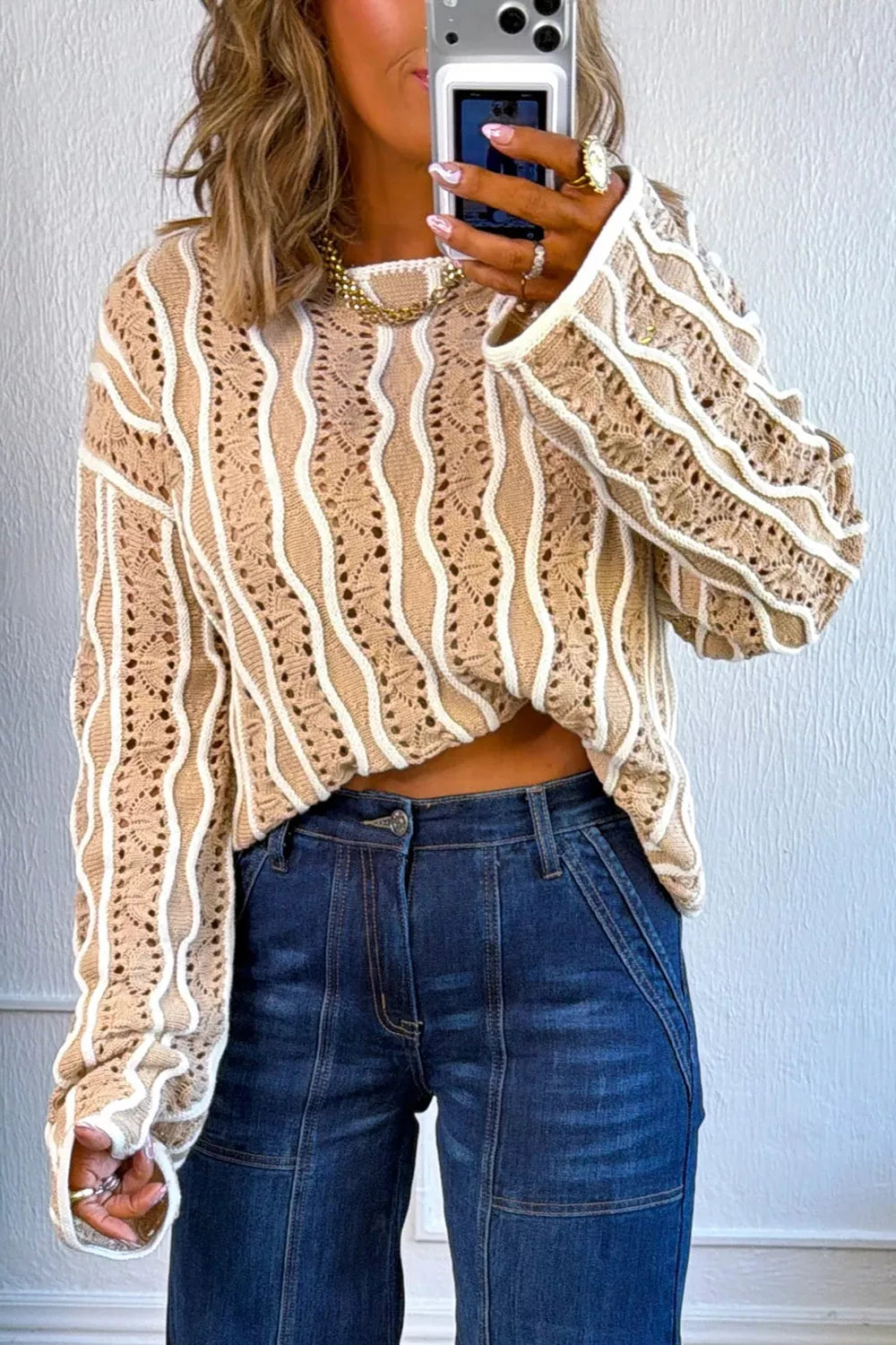 Contrast Wavy Striped Openwork Knit Top - Trendsi - Flyclothing LLC