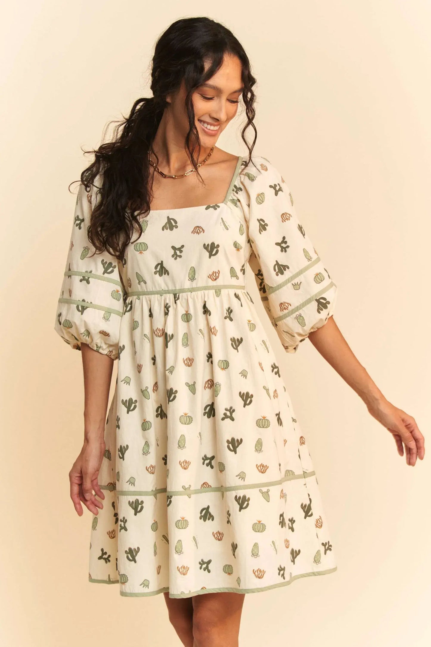 Davi & Dani Cactus Printed Poplin Contrast Piping Mini Dress - Trendsi - Flyclothing LLC