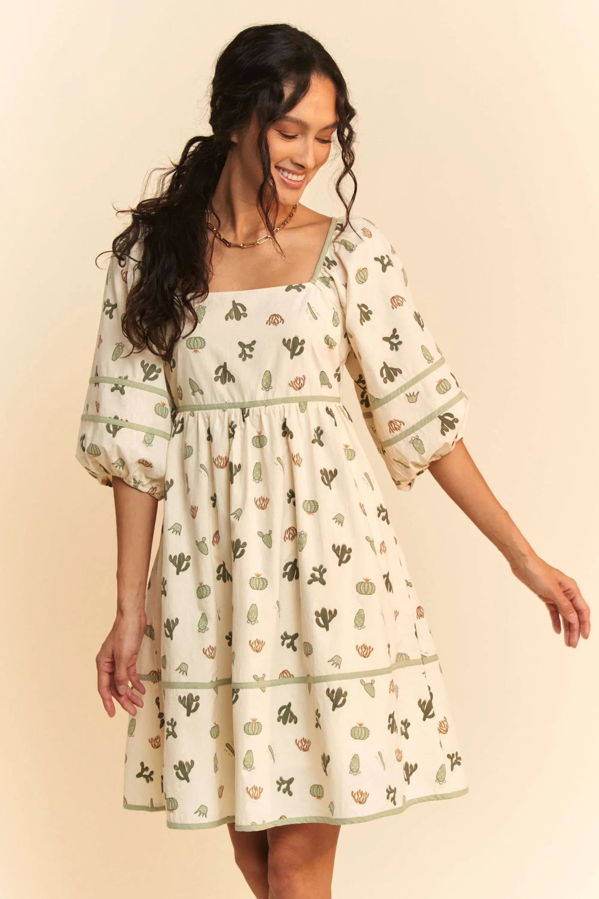 Davi & Dani Cactus Printed Poplin Contrast Piping Mini Dress - Trendsi - Flyclothing LLC