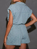 Tie Waist Short Sleeve Denim Romper - Trendsi