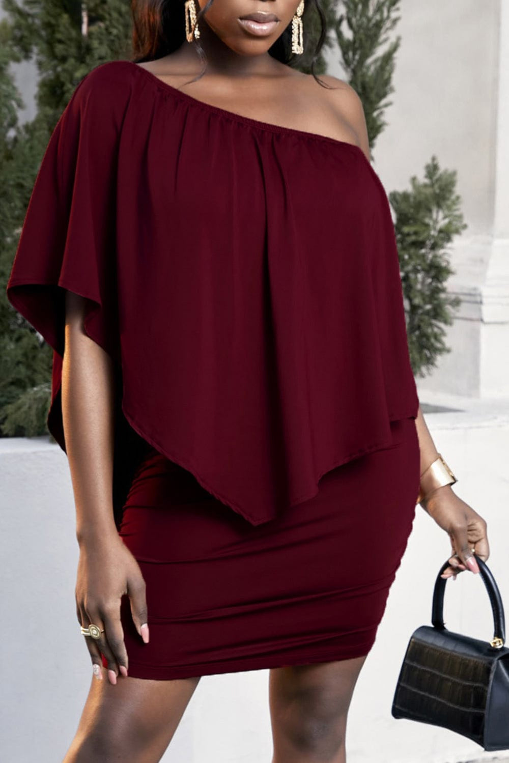 Plus Size One-Shoulder Half Sleeve Mini Dress - Trendsi