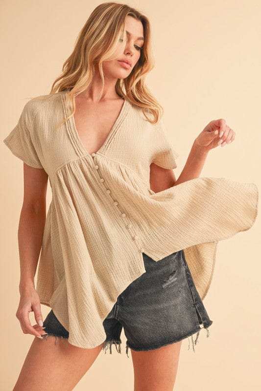 Aemi + Co Tuck Detail V-Neck Short Sleeve Blouse - Trendsi - Flyclothing LLC