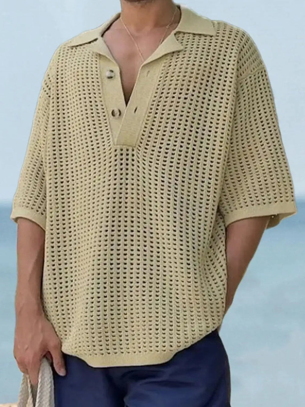 Men's Plus Size Openwork Collared Neck Quarter Button Knit Polo - Trendsi