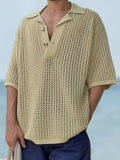 Men's Plus Size Openwork Collared Neck Quarter Button Knit Polo - Trendsi