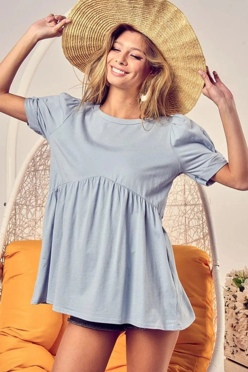 BiBi Cotton Span Knit with Puff Sleeve Baby Doll Top - Trendsi