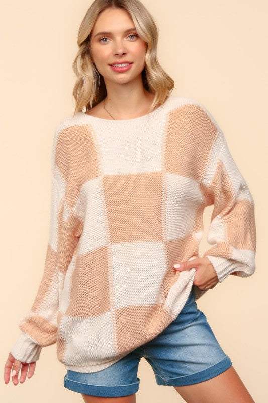 Haptics Full Size Checkered Round Neck Drop Shoulder Sweater - Trendsi - Flyclothing LLC