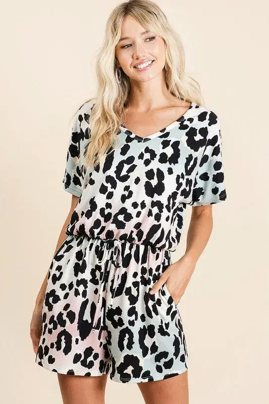 BiBi Gradation Leopard Soft Knit V-neck Romper - Trendsi - Flyclothing LLC