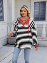 Lace-Up Striped Long Sleeve T-Shirt - Trendsi - Flyclothing LLC