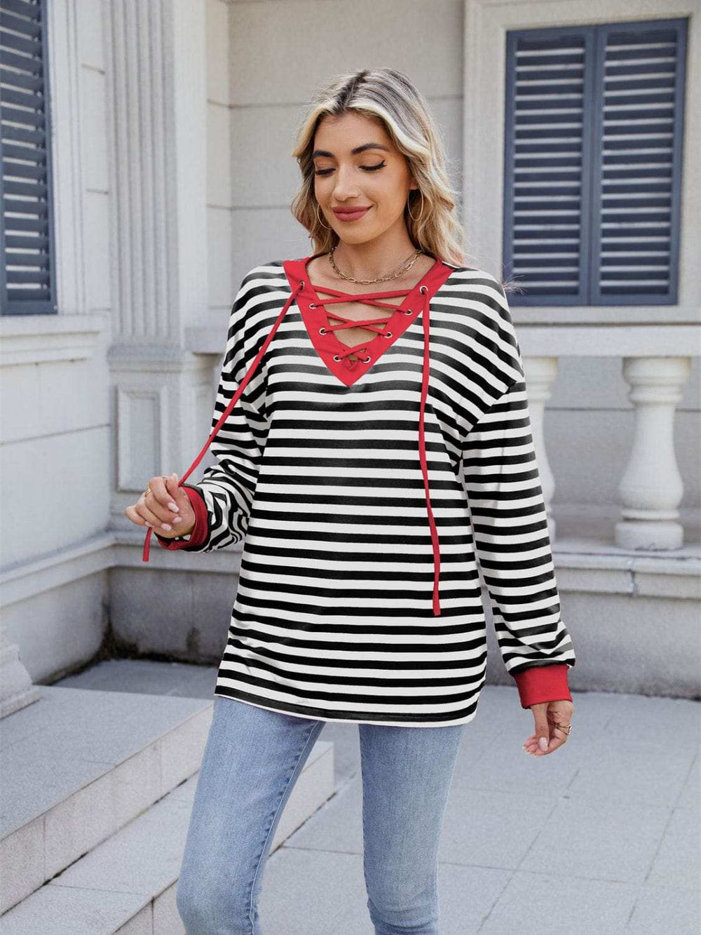 Lace-Up Striped Long Sleeve T-Shirt - Trendsi - Flyclothing LLC