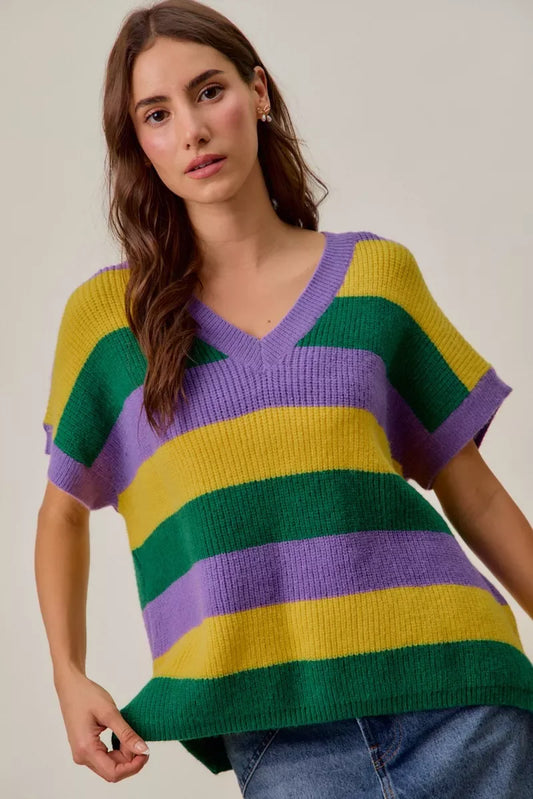 SO ME Mardi Gras Loose Fit V Neck Stripe Sweater Top - Trendsi - Flyclothing LLC