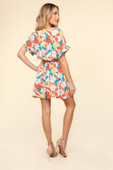 Haptics Tropical Floral Short Sleeve Tied Romper - Trendsi