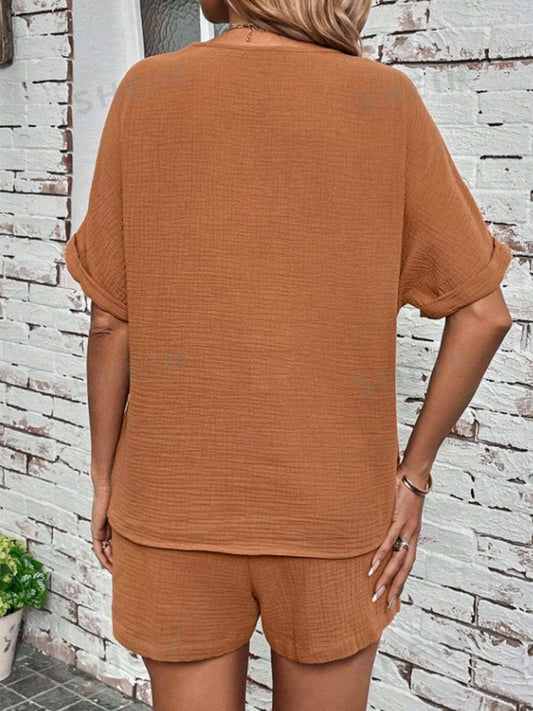 Notched Half Sleeve Top and Shorts Set - Trendsi - Flyclothing LLC