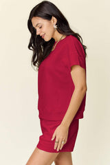 Double Take Full Size Texture Short Sleeve T-Shirt and Drawstring Shorts Set - Trendsi - Flyclothing LLC