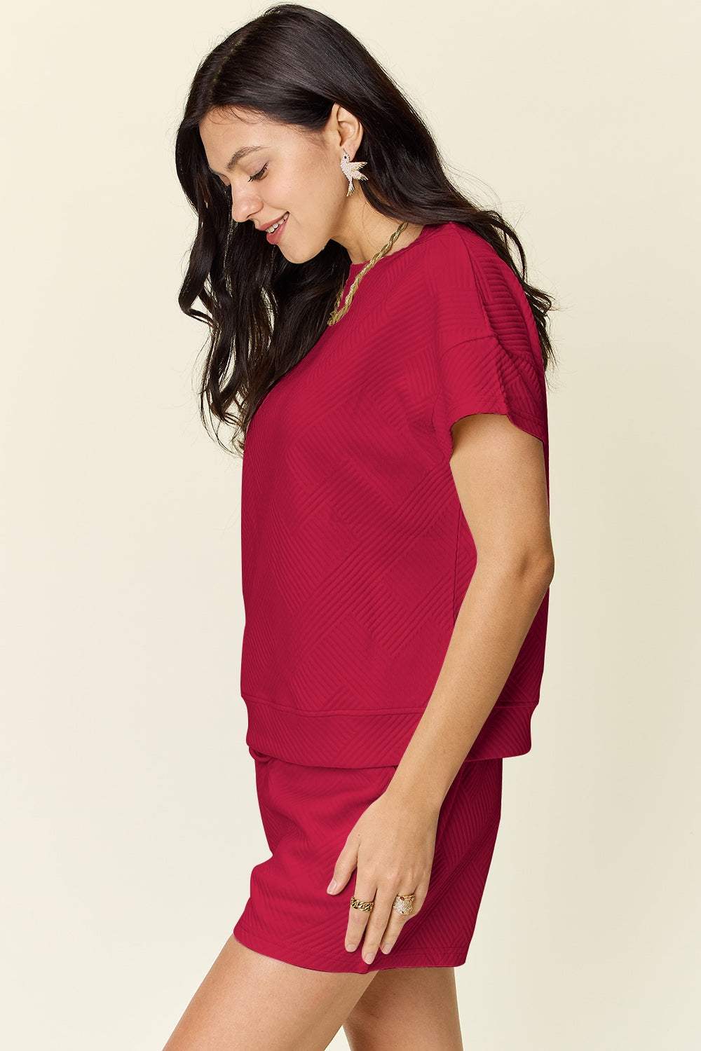 Double Take Full Size Texture Short Sleeve T-Shirt and Drawstring Shorts Set - Trendsi - Flyclothing LLC