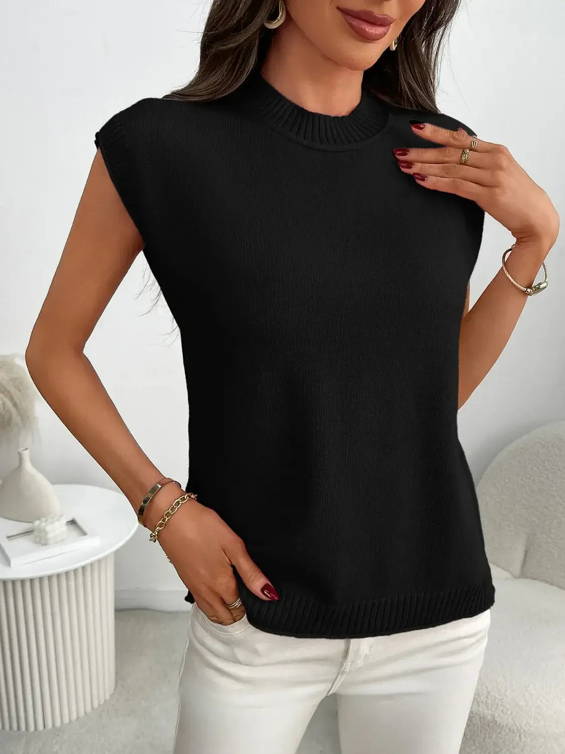 Mock Neck Cap Sleeve Knit Top - Trendsi - Flyclothing LLC