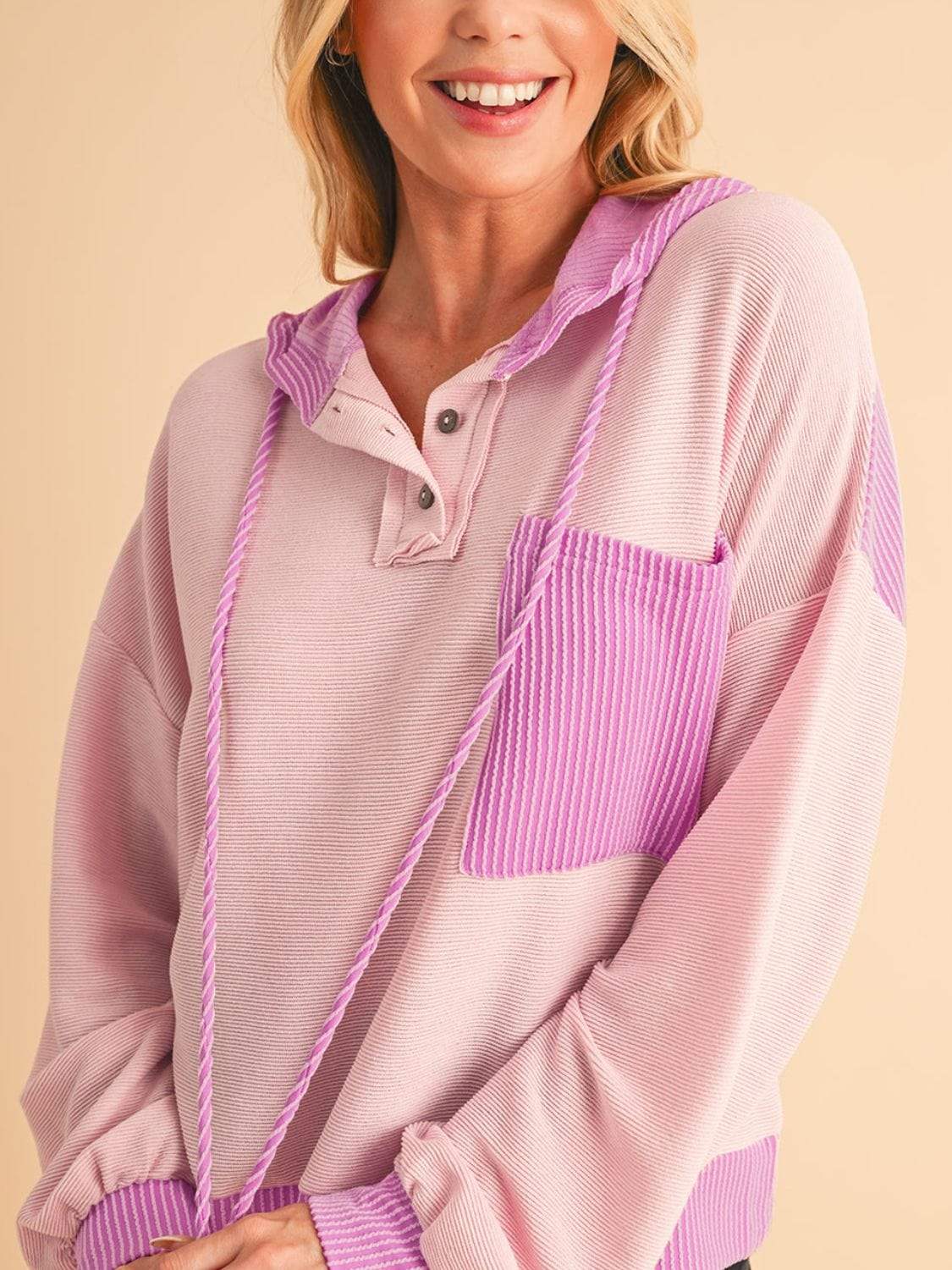 Corded Color Block Drawstring Hoodie - Trendsi - Flyclothing LLC