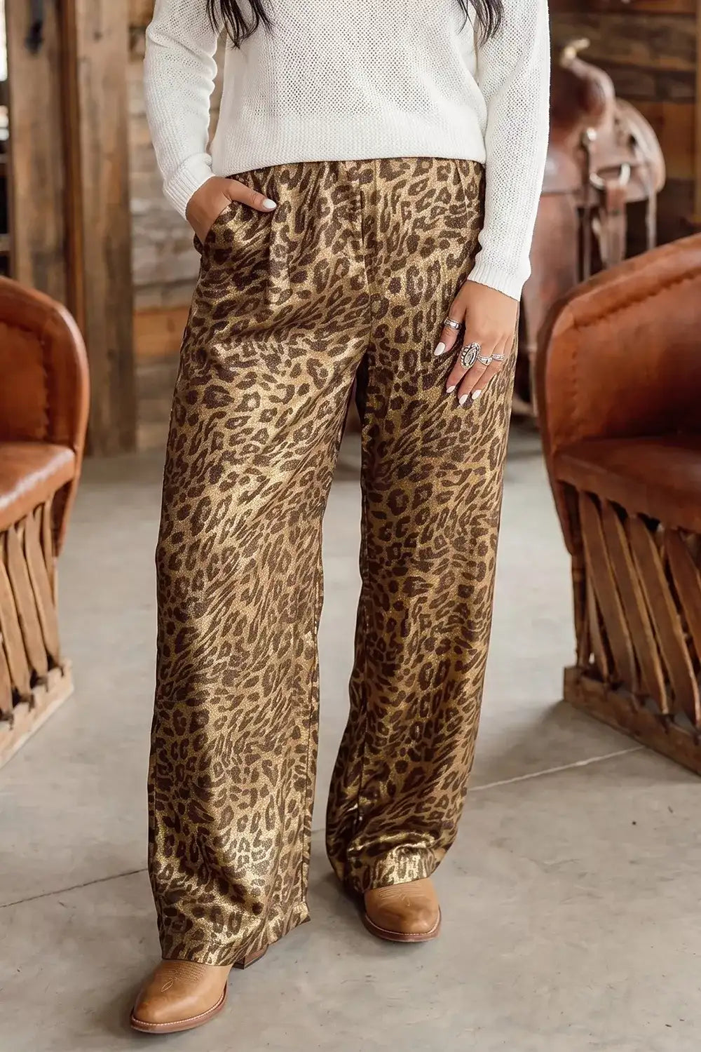 Multicolour Leopard Print Western Style Wide Leg Full Length Pants - Trendsi - Flyclothing LLC