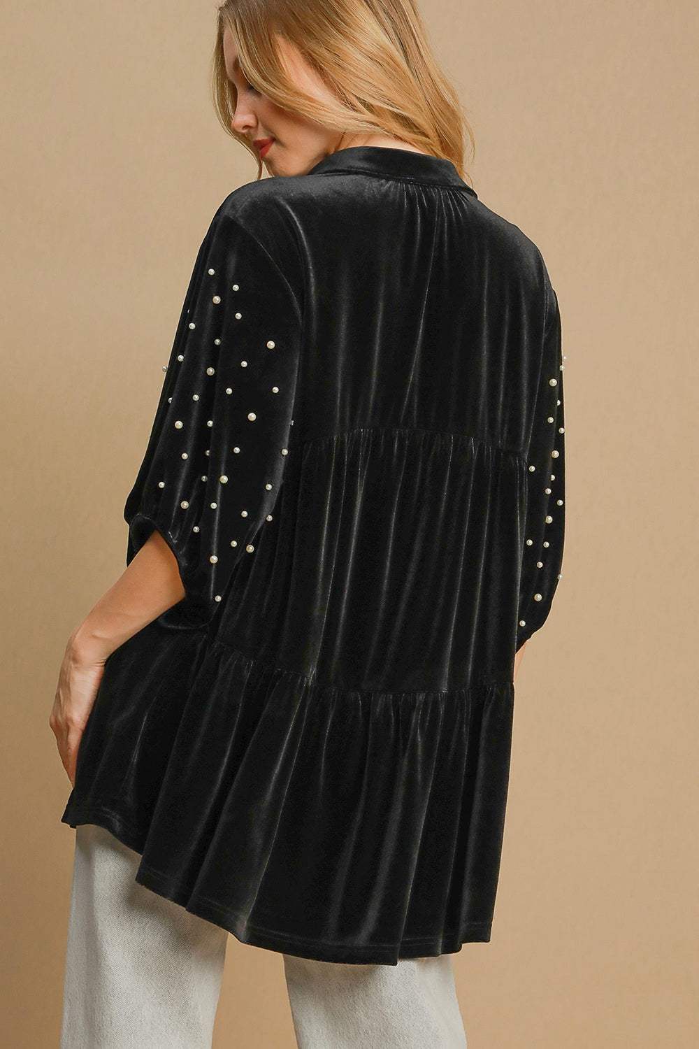 Umgee Pearl Detail Half Sleeve Velvet Babydoll Blouse - Trendsi - Flyclothing LLC