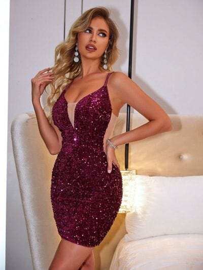 Lace-Up Sequin Plunge Sleeveless Dress - Trendsi - Flyclothing LLC