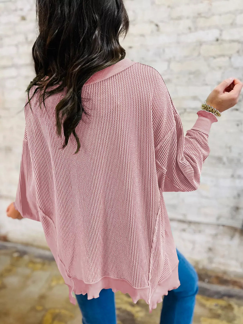 Ribbed Knit Dropped Shoulder Sweatshirt - Trendsi - Flyclothing LLC