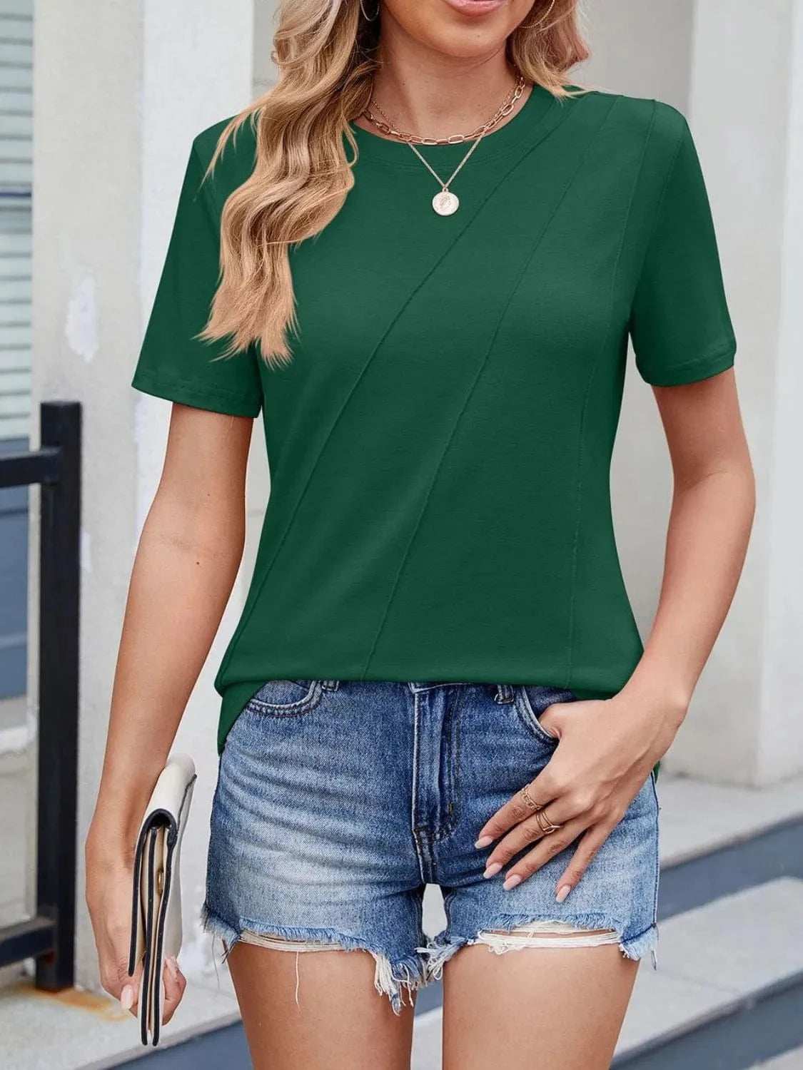 Round Neck Short Sleeve T-Shirt - Trendsi - Flyclothing LLC