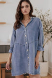 Distressed Collared Neck Flounce Sleeve Denim Dress - Trendsi