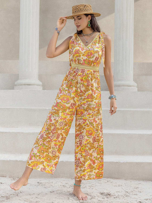 Printed V-Neck Tie Shoulder Jumpsuit - Trendsi - Flyclothing LLC