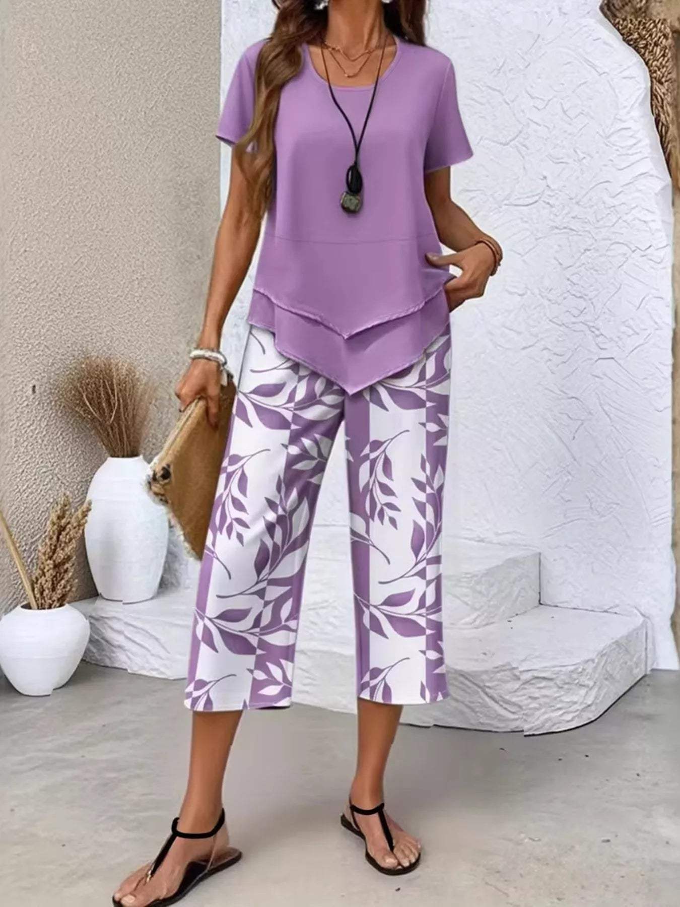 Layered Top and Leaf Print Cropped Pants Set - Trendsi - Flyclothing LLC
